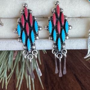 Turquoise and Red Coral Vintage Needlepoint Earrings